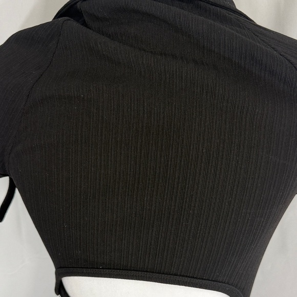 Helmut Lang Black Ribbed Knit Midi Dress Collared Short Sleeve Cutout Back Sz S - Picture 9 of 11